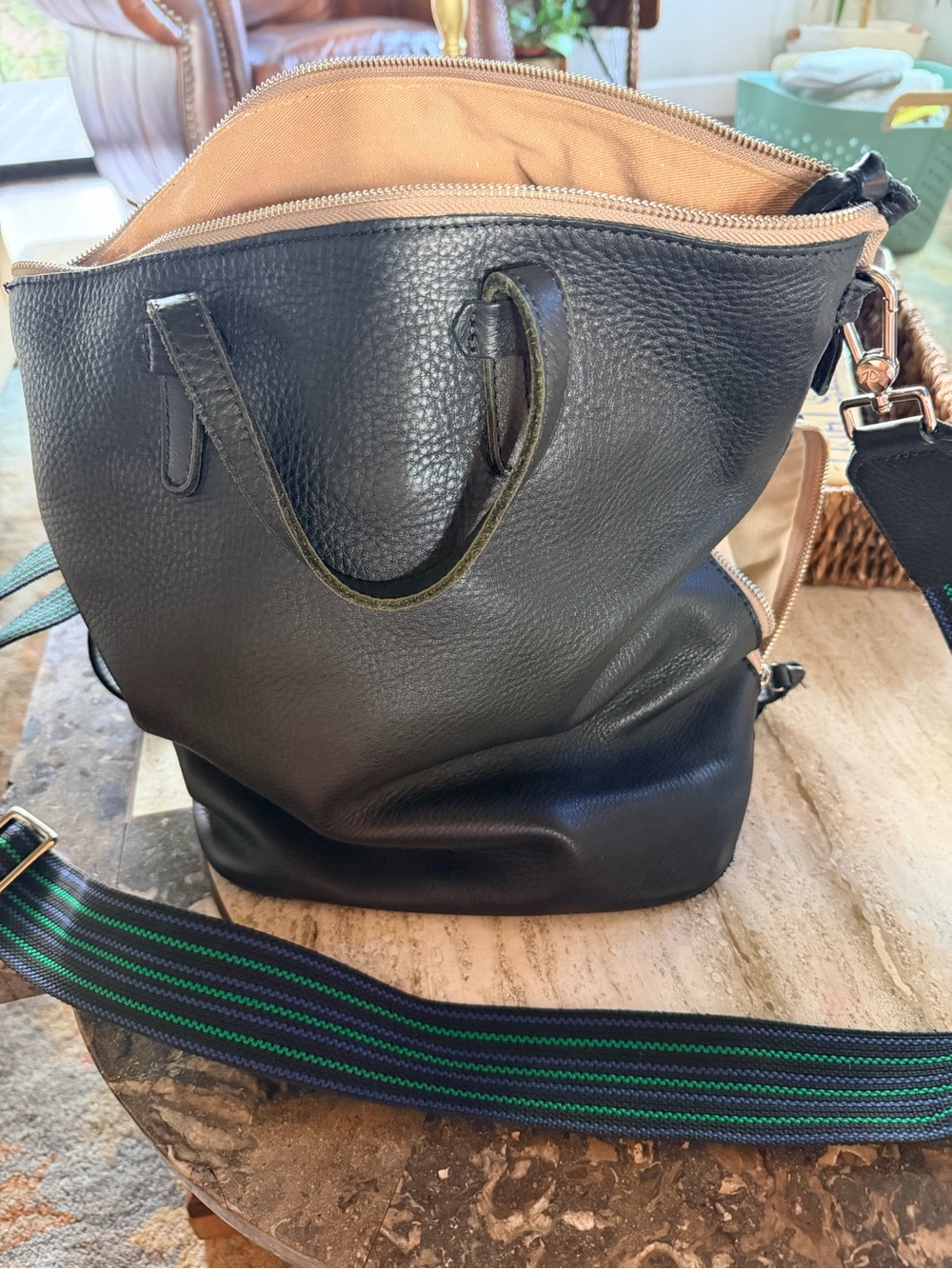 Consuela Cyndi sling Black Leather Messenger with Green-Striped Strap
